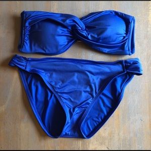 Strapless solid blue swimsuit set